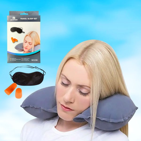 Travel Sleep Set Travel Sleep Set with soft neck pillow, eye mask, and ear plugs for comfortable sleep during travel – available at Remedimart.com