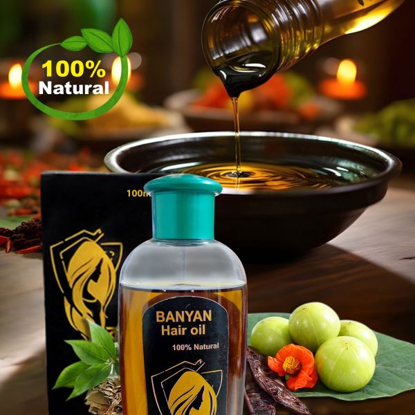 Banyan 100% Natural Hair Oil bottle with herbal ingredients for hair growth